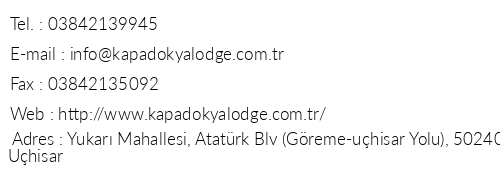 Cappadocia Lodge telefon numaralar, faks, e-mail, posta adresi ve iletiim bilgileri